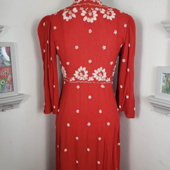 Free People Red White Embroidery Bohemian Boho Midi Oversized XS - Picture 4 of 16